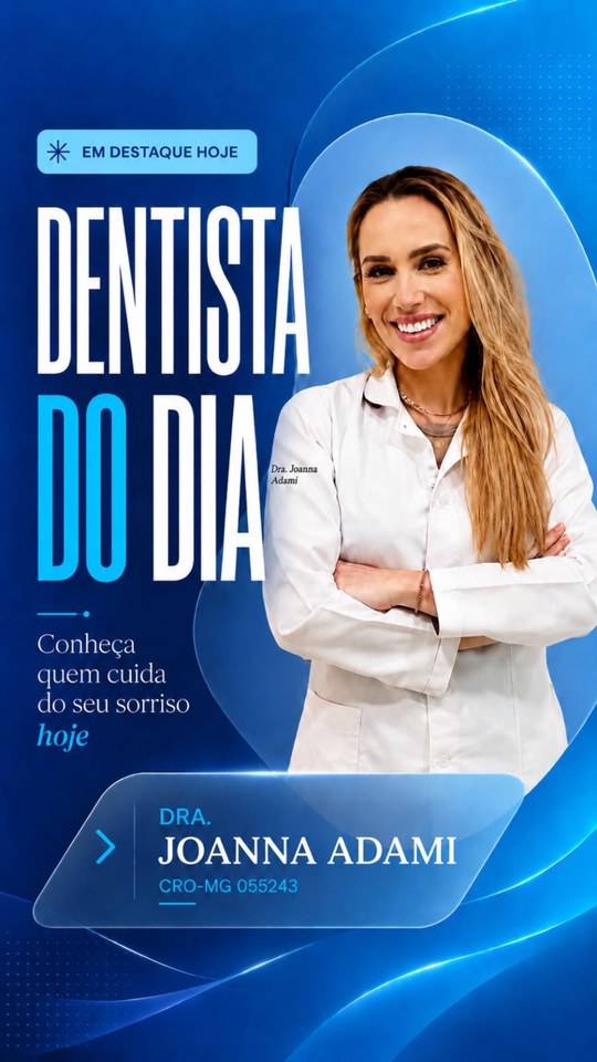 Arte da Dra. Joanna Adami com foto, nome e registro CRO-MG.